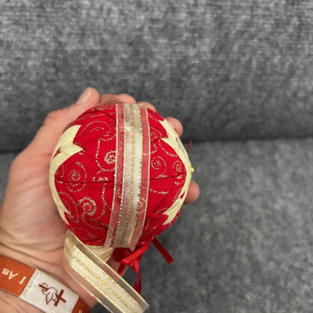 Handmade Quilted Fabric Star Ornament Red Gold Metallic Holiday Christmas Decor